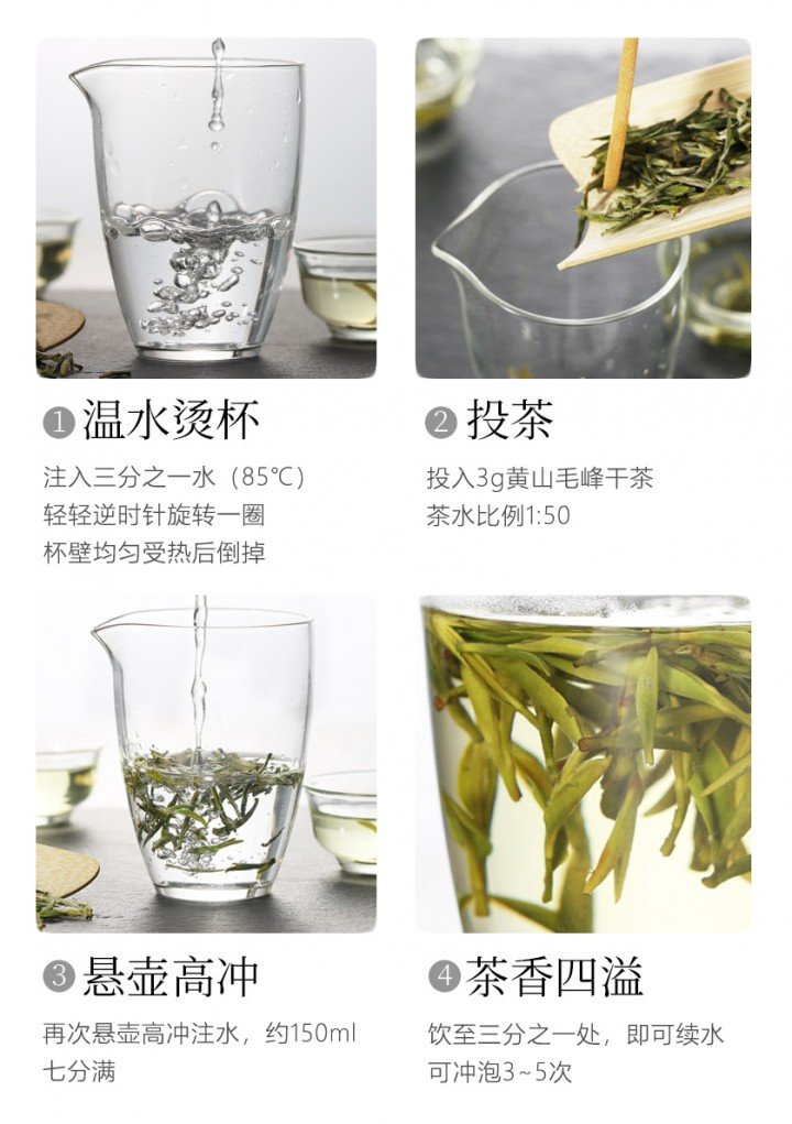 Original Chinese-labelled Huangshan Maofeng brewing illustration with conditions explained in English