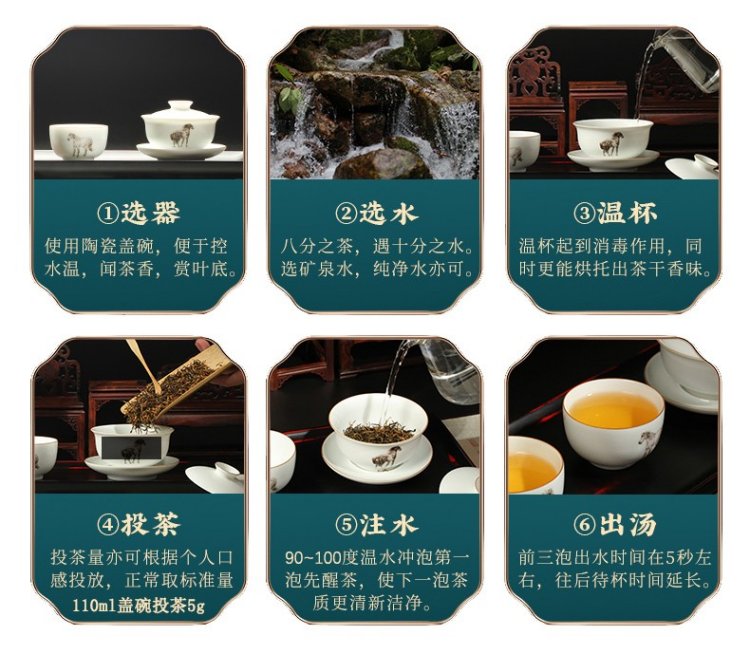 Six-panel Jin Jun Mei brewing diagram showing 5 g of tea, 90–100°C water and short infusions