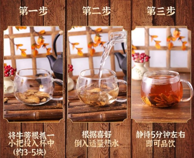 Original Chinese-labelled Burdock Root Tea brewing illustration with English conditions